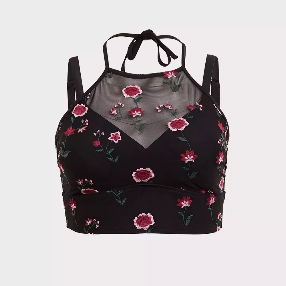 Torrid Black Mesh Floral Bikini Halter Top with Floral Embroidery